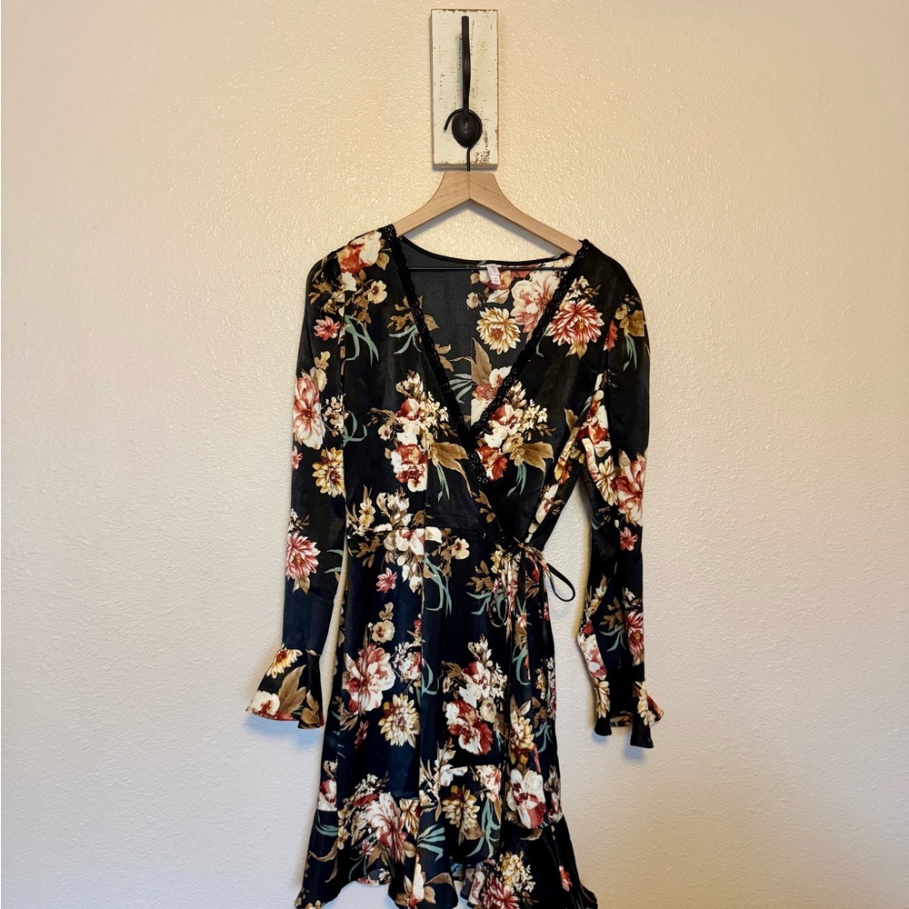 XHILARATION • Floral Wrap Dress - Black and Multicolor